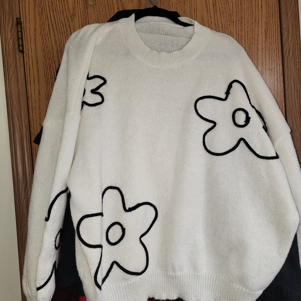 SHEIN White Sweater with Black Floral Design